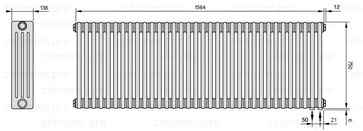 Схема (чертеж) Радиатор Zehnder Charleston 4075/34 №5510 Белый глянцевый RAL 9016